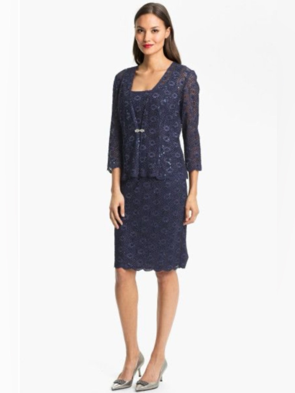 R&M Richards Navy Sequin Lace Mother-of-the-Bride Dress With Shawl Size 10